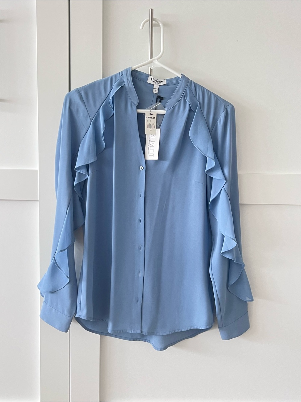 Express Light Blue Ruffle-Trim Button Front Blouse